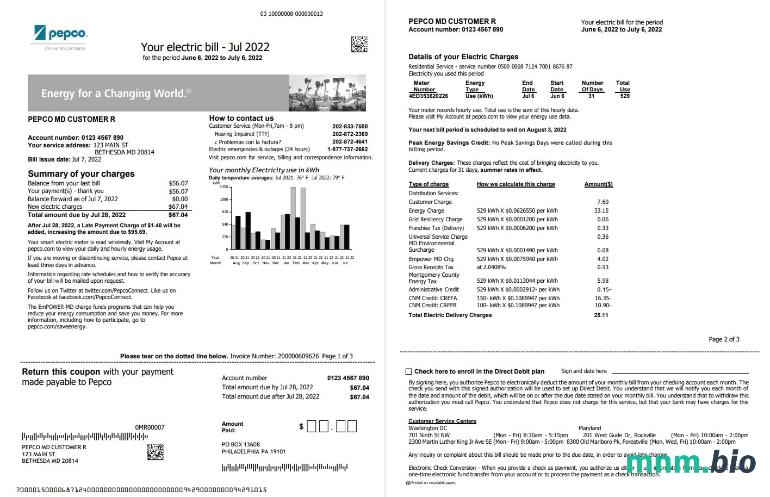 USA Maryland Pepco rachunek za media, Word i PDF template, 3 strony 1 2